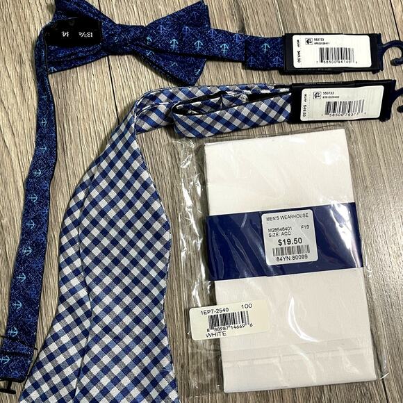 3pc 2 Tommy Hilfiger Linen Bow Ties 1 Egara Pocket Square - Blue & White - $119 - Picture 5 of 6